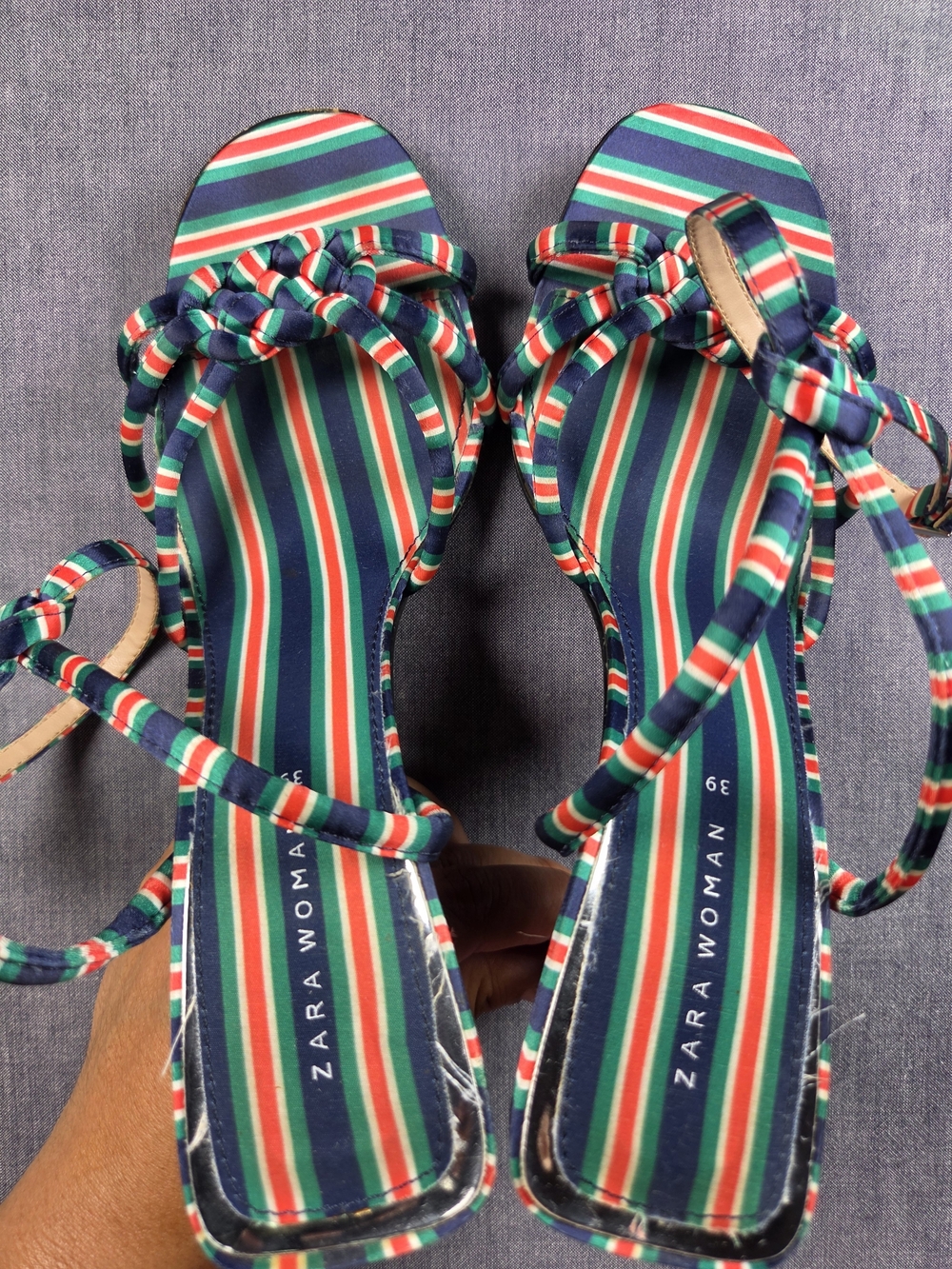 Zara Navy, Green, Red & White Striped Knot-Front Sandals